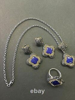 Lapis Canary Stones 925 Sterling Silver Earrings + Ring + Pendant Chain 20 49g