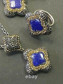 Lapis Canary Stones 925 Sterling Silver Earrings + Ring + Pendant Chain 20 49g