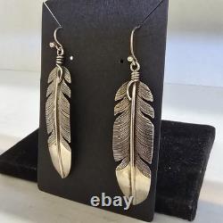 Large 2.8 Native Made'Spirit of Santa Fe' Sterling Silver Feather Earrings