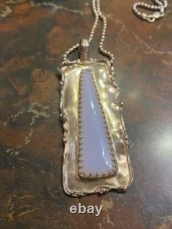 Large Beautiful Artist Made 925 Sterling Silver & Blue Agate Pendant Necklace