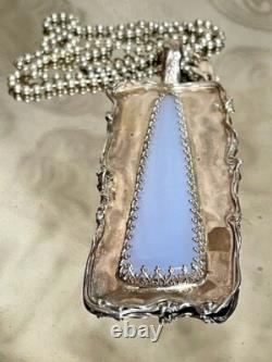 Large Beautiful Artist Made 925 Sterling Silver & Blue Agate Pendant Necklace