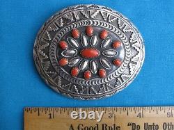 Large Norman Brown Navajo Sterling Silver and Coral Belt Buckle Heavily Made NR