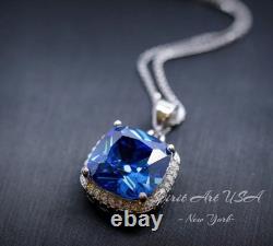 Large Radiant Blue Sapphire Necklace 925 Sterling Silver Made Sim Gemstone