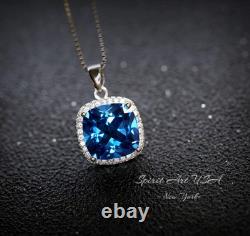 Large Radiant Blue Sapphire Necklace 925 Sterling Silver Made Sim Gemstone