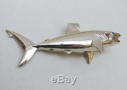 Large Shark 925 Sterling Silver and Green Emerald Custom Hand Made Pendant Fish