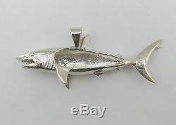 Large Shark 925 Sterling Silver and Green Emerald Custom Hand Made Pendant Fish