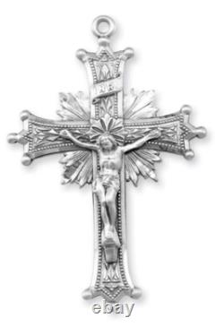 Large Sterling Silver Sun Burst Rosary Crucifix Cross Pendant Necklace Made USA