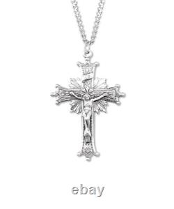 Large Sterling Silver Sun Burst Rosary Crucifix Cross Pendant Necklace Made USA