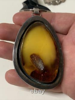 Large Vintage Artisan Made Sterling Silver Egg Yolk Amber Necklace Leather Strap