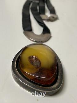 Large Vintage Artisan Made Sterling Silver Egg Yolk Amber Necklace Leather Strap