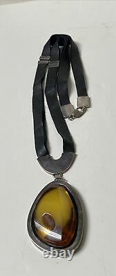 Large Vintage Artisan Made Sterling Silver Egg Yolk Amber Necklace Leather Strap