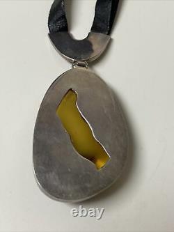 Large Vintage Artisan Made Sterling Silver Egg Yolk Amber Necklace Leather Strap