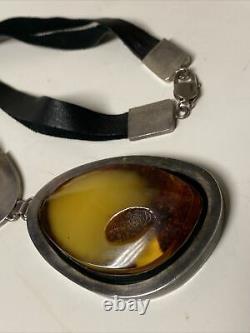 Large Vintage Artisan Made Sterling Silver Egg Yolk Amber Necklace Leather Strap