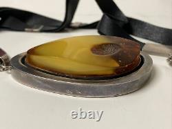 Large Vintage Artisan Made Sterling Silver Egg Yolk Amber Necklace Leather Strap