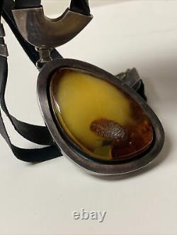 Large Vintage Artisan Made Sterling Silver Egg Yolk Amber Necklace Leather Strap