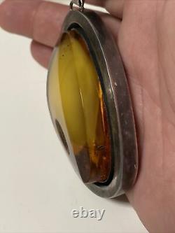 Large Vintage Artisan Made Sterling Silver Egg Yolk Amber Necklace Leather Strap
