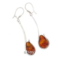 Long Dangle Amber Earrings Sterling Silver Made in Poland