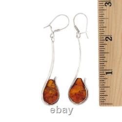 Long Dangle Amber Earrings Sterling Silver Made in Poland