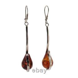 Long Dangle Amber Earrings Sterling Silver Made in Poland