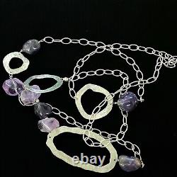 Lovely Estate Sterling Silver Textured Artisan Made Amethyst Necklace 36 Long