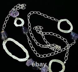 Lovely Estate Sterling Silver Textured Artisan Made Amethyst Necklace 36 Long