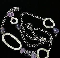 Lovely Estate Sterling Silver Textured Artisan Made Amethyst Necklace 36 Long