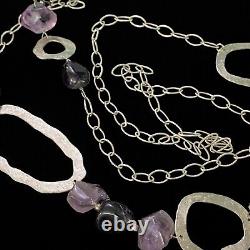 Lovely Estate Sterling Silver Textured Artisan Made Amethyst Necklace 36 Long