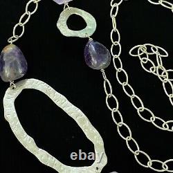 Lovely Estate Sterling Silver Textured Artisan Made Amethyst Necklace 36 Long