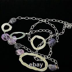 Lovely Estate Sterling Silver Textured Artisan Made Amethyst Necklace 36 Long