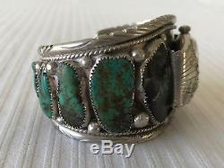 MASSIVE Old Pawn Sterling Silver & Turquoise Nuggets Native Made Watch Cuff