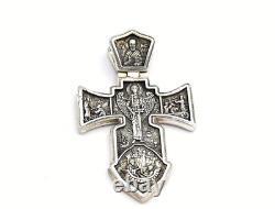 Made in USA Two-Faces Oxidized Orthodox Solid. 925 Sterling Silver Cross Jesus