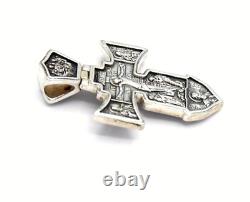 Made in USA Two-Faces Oxidized Orthodox Solid. 925 Sterling Silver Cross Jesus