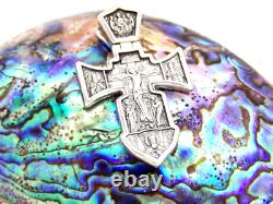 Made in USA Two-Faces Oxidized Orthodox Solid. 925 Sterling Silver Cross Jesus