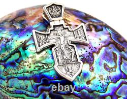 Made in USA Two-Faces Oxidized Orthodox Solid. 925 Sterling Silver Cross Jesus