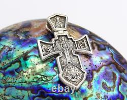 Made in USA Two-Faces Oxidized Orthodox Solid. 925 Sterling Silver Cross Jesus