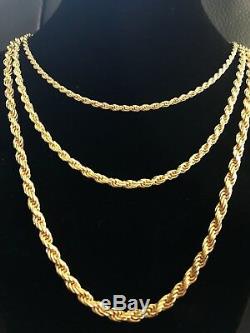 Men's 14K Gold Over Real Solid 925 Silver Rope Chain MADE IN ITALY 20-30 3-5mm