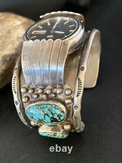 Mens Blue Kingman Turquoise Navajo Sterling Silver Cuff Bracelet Watch 12168