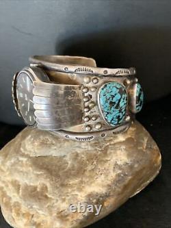 Mens Blue Kingman Turquoise Navajo Sterling Silver Cuff Bracelet Watch 12168