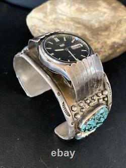 Mens Blue Kingman Turquoise Navajo Sterling Silver Cuff Bracelet Watch 12168