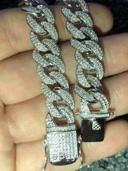 Mens Miami Cuban Link Bracelet Real Icy Solid 925 Silver Man Made Diamonds 12mm