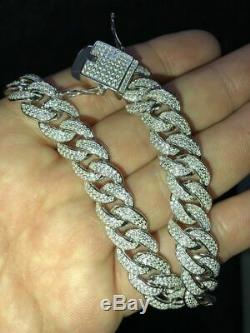 Mens Miami Cuban Link Bracelet Real Icy Solid 925 Silver Man Made Diamonds 12mm