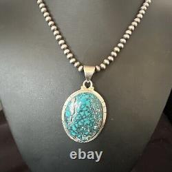 Mens Navajo Sterling Silver Blue Spiderweb Turquoise Necklace Pendant 16193