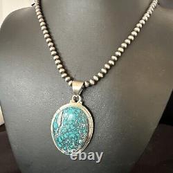 Mens Navajo Sterling Silver Blue Spiderweb Turquoise Necklace Pendant 16193