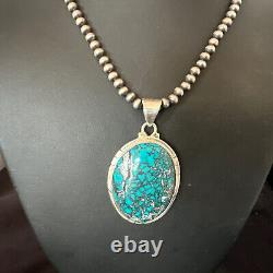 Mens Navajo Sterling Silver Blue Spiderweb Turquoise Necklace Pendant 16193