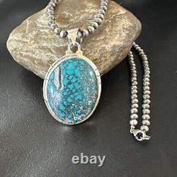 Mens Navajo Sterling Silver Blue Spiderweb Turquoise Necklace Pendant 16193