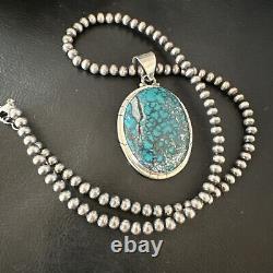 Mens Navajo Sterling Silver Blue Spiderweb Turquoise Necklace Pendant 16193