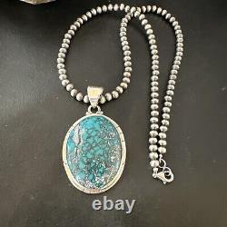 Mens Navajo Sterling Silver Blue Spiderweb Turquoise Necklace Pendant 16193