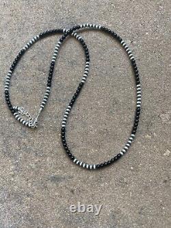 Mens Sterling Silver Black Onyx Bead Necklace 26 Inch