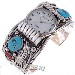 Mens Sterling Silver Watch Cuff With Tuquoise Coral Navajo Made