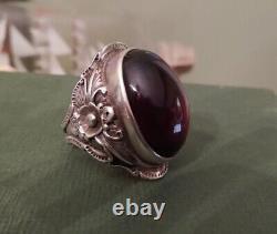 Mens or Womens Stately Large Custom Made Garnet Cabochon Ring, Regal Sterling